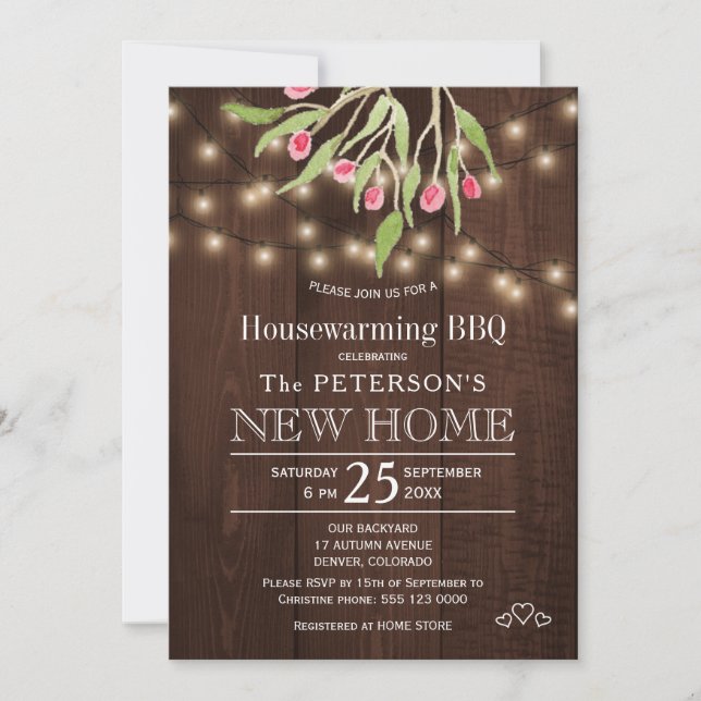 Invitación Bayas rosa floral luces rústicas de la casa bbq (Anverso)