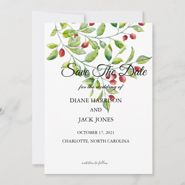 Invitación Bayas rosadas y follaje verde Guarde la fecha (Anverso)