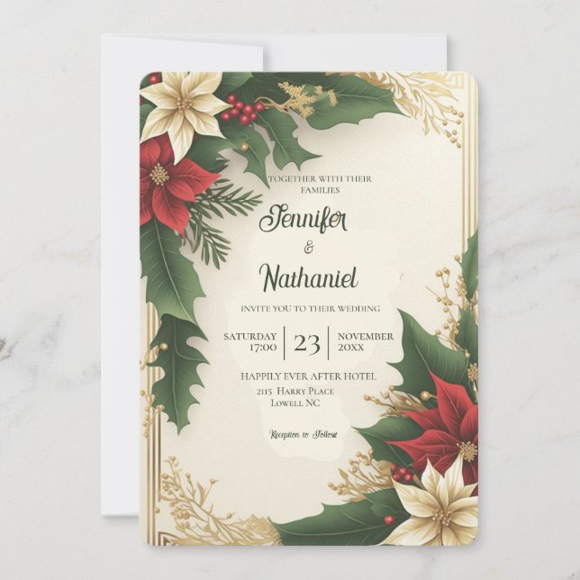 Invitación Bayas Santas Rojo Verde Dorado Navidad Boda (Anverso)