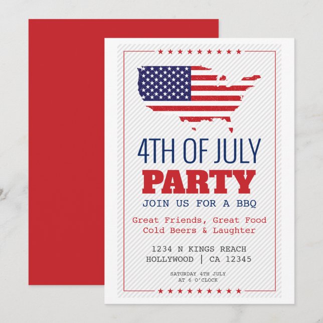 Invitación BBQ 4 de julio Fiesta Patriótico (Anverso / Reverso)