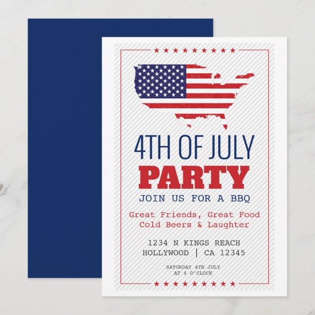 Invitación BBQ 4 de julio Fiesta Patriótico (Anverso / Reverso)