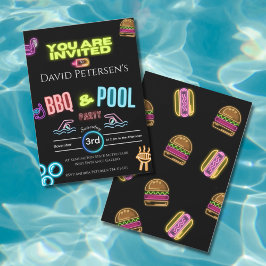 Invitación BBQ and Pool Party Neon Birthday Invitation