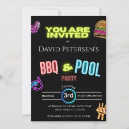 Invitación BBQ and Pool Party Neon Birthday Invitation