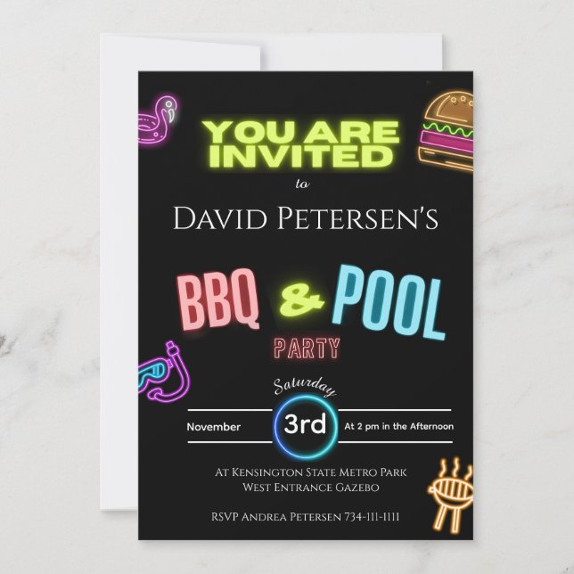 Invitación BBQ and Pool Party Neon Birthday Invitation (Anverso)
