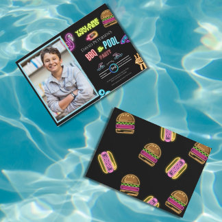 Invitación BBQ and Pool Party Neon Photo Birthday Invitation