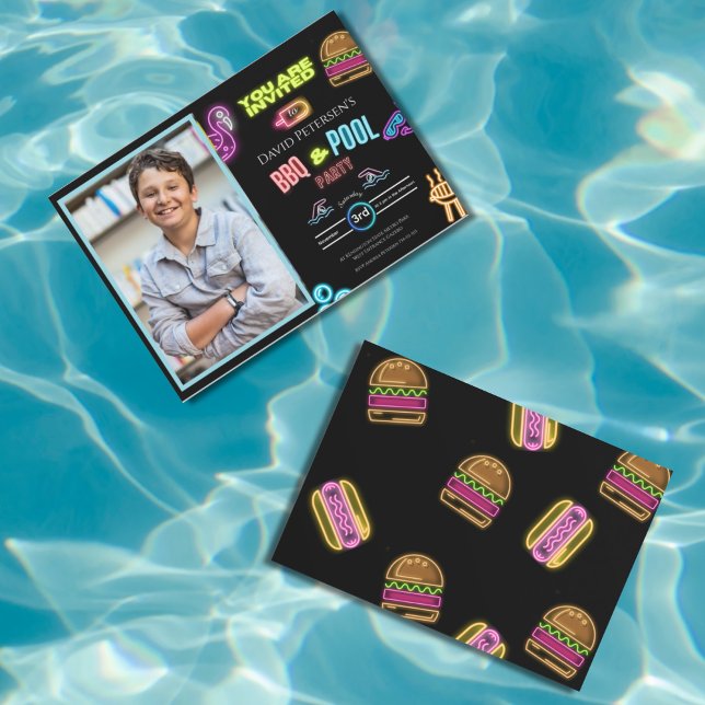 Invitación BBQ and Pool Party Neon Photo Birthday Invitation (Subido por el creador)