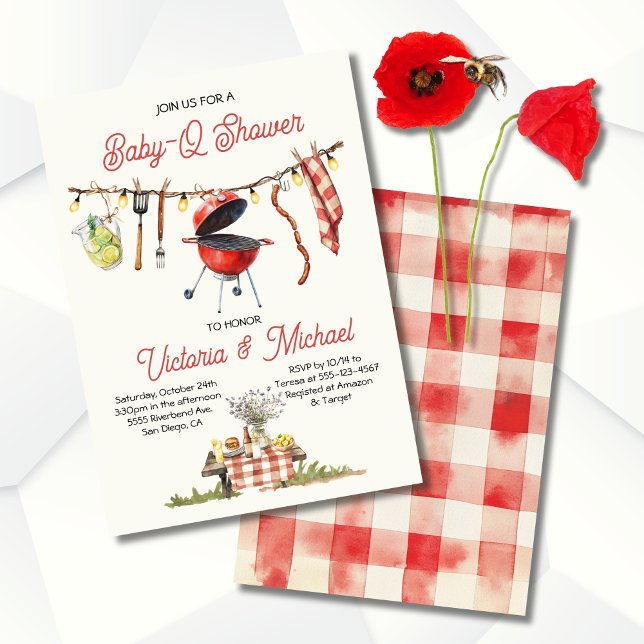 Invitación BBQ Baby-Q Baby Shower Gingham clothesline (Subido por el creador)