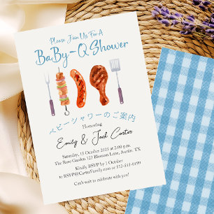 Invitación BBQ Baby Shower BabyQ Grill Utensil Blue Gingham