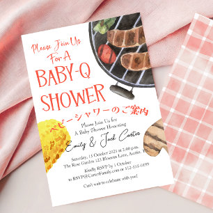 Invitación BBQ Baby Shower BabyQ Grill Watercolor Red Gingham