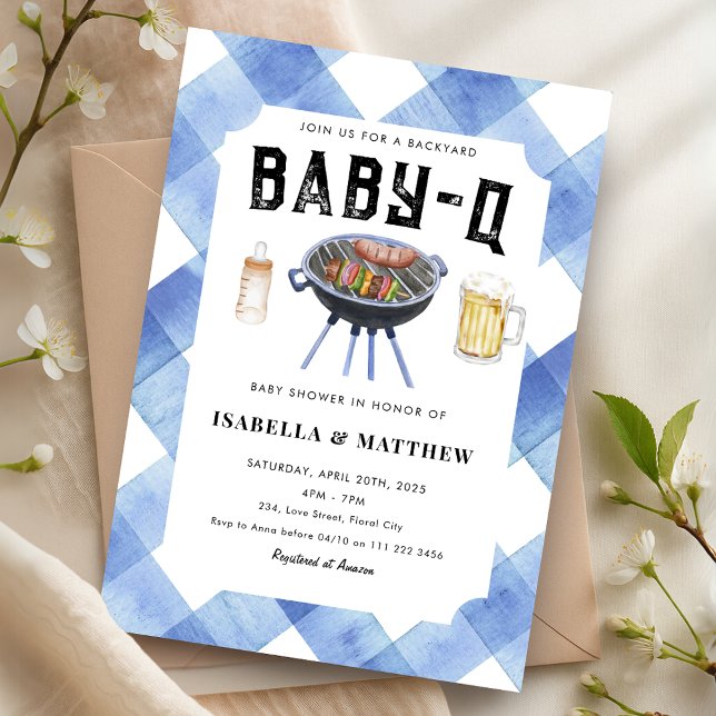 Invitación BBQ Baby Shower Blue Gingham Baby-Q (BBQ Baby Shower Blue Gingham Baby Q Invitation)