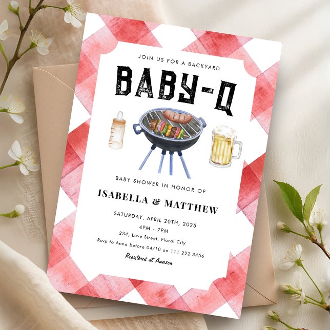 Invitación BBQ Baby Shower Red Gingham Baby-Q (BBQ Baby Shower Red Gingham Baby Q Invitation)
