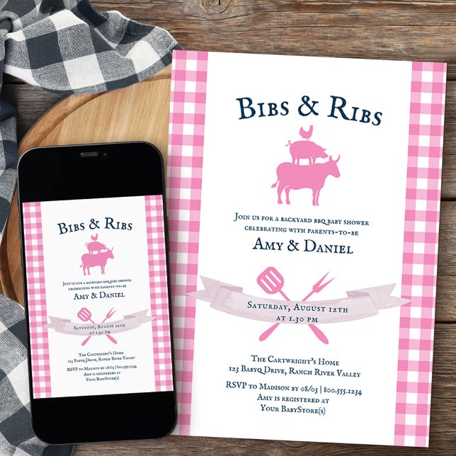 Invitación BBQ Baby Shower Rústica Vintage rosa Placa (Bibs & Ribs girls backyard bbq baby shower invite from my rustic farmhouse BBQ collection
)