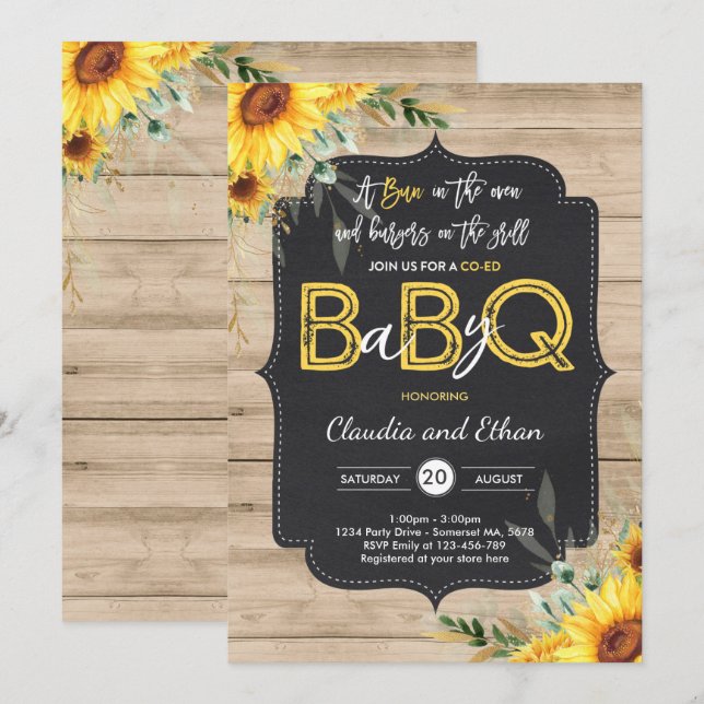Invitación BBQ Baby Shower Sunflower Bebé Q Parejas Ducha (Anverso / Reverso)
