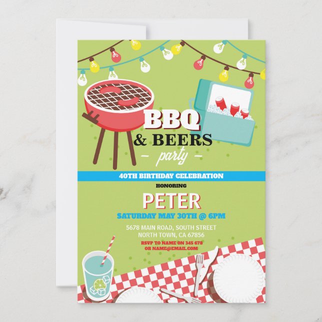 Invitación BBQ Beers Birday Party Garden Yard (Anverso)