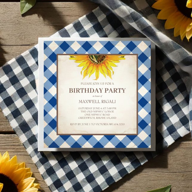 Invitación BBQ Birthday Blue Gingham Print (Get together birthday invitations with blue gingham print and sunflowers in a rustic design.)