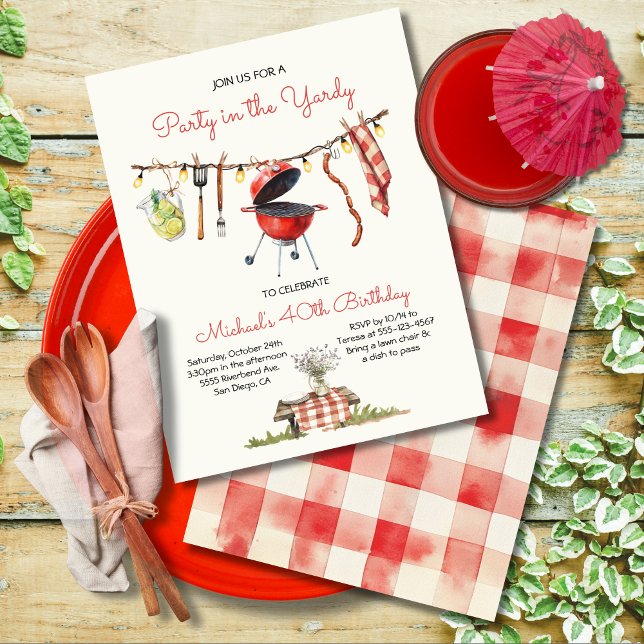 Invitación BBQ Birthday Gingham Backyard Picnic clothline (Subido por el creador)