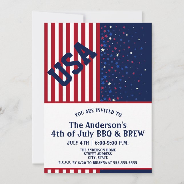 Invitación BBQ & Brew USA Stars Stripes 4 de julio (Anverso)