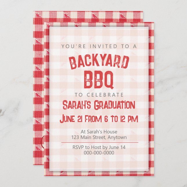 Invitación BBQ Casual Grad Fiesta Cookout Gingham Red (Anverso / Reverso)