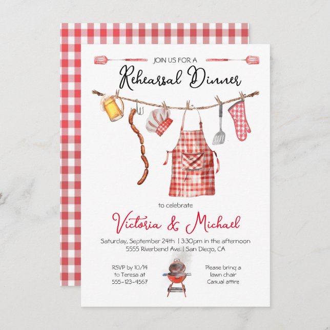 Invitación BBQ de parrillada Cena rojo Gingham (Anverso / Reverso)