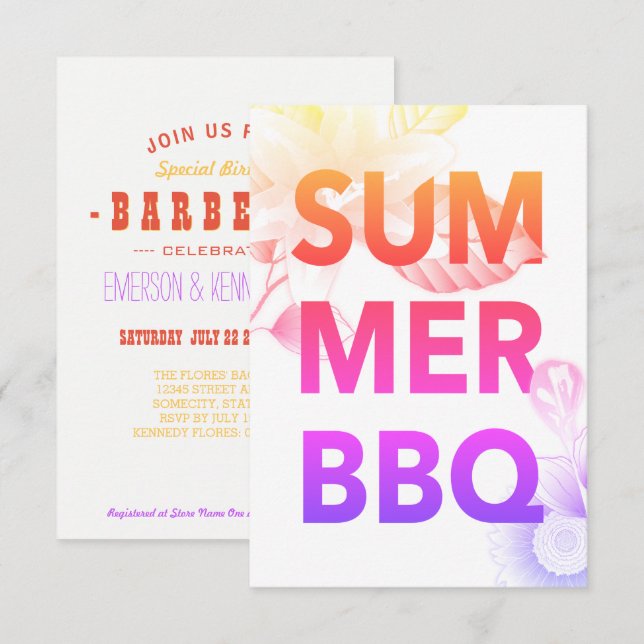 Invitación BBQ de VERANO flores brillantes (Anverso / Reverso)