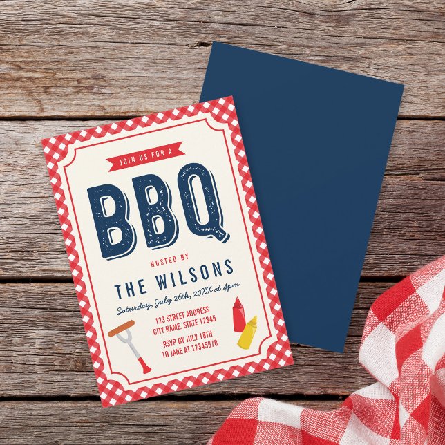 Invitación BBQ de Verano Rojo Gingham y Azul (Subido por el creador)