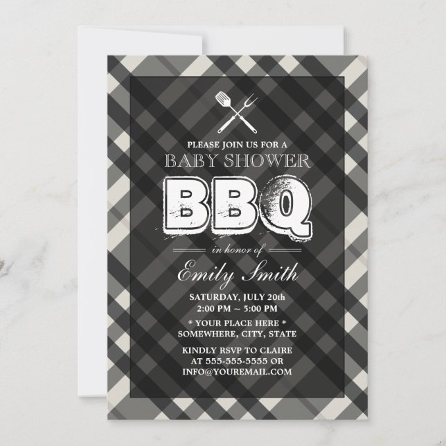 Invitación BBQ Elegant Gray Plaid Baby Shower (Anverso)