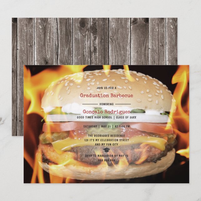 Invitación BBQ Graduación Party High School Boy Casual Rustic (Anverso / Reverso)