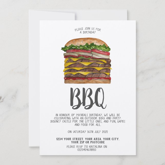 Invitación BBQ invitar hamburguesa gigante (Anverso)