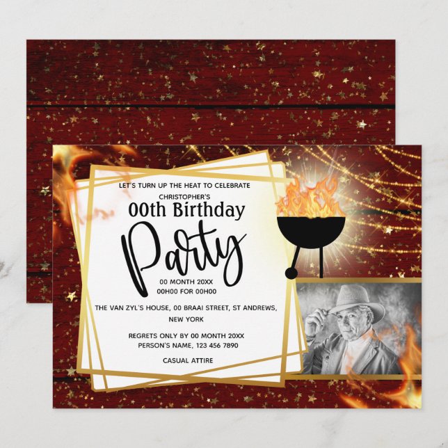 Invitación BBQ llamas luces de cadena foto CUALQUIER cumpleañ (Anverso / Reverso)