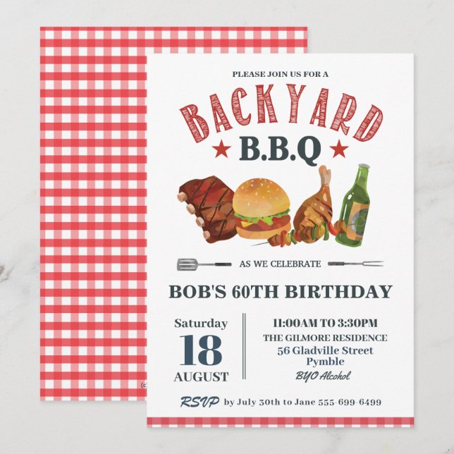 Invitación BBQ Macho de cumpleaños Beer Red Gingham (Anverso / Reverso)