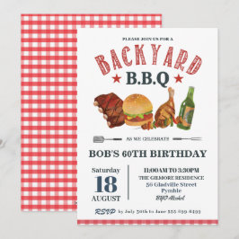 Invitación BBQ Macho de cumpleaños Beer Red Gingham
