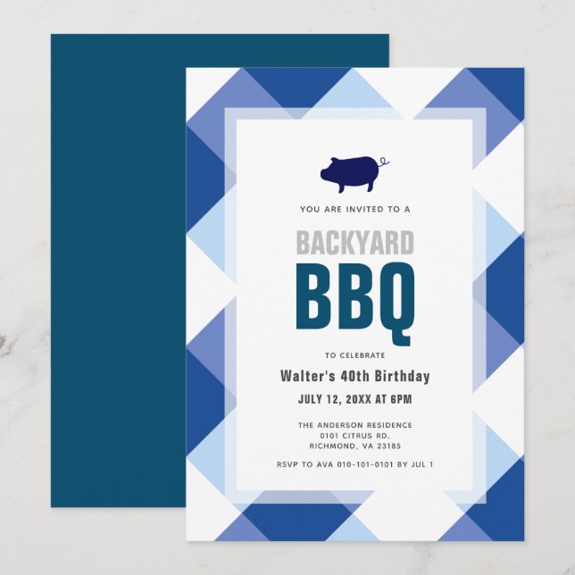 Invitación BBQ Pig Roast Navy Gingham Adultos Cumpleaños (Anverso / Reverso)