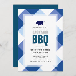 Invitación BBQ Pig Roast Navy Gingham Adultos Cumpleaños