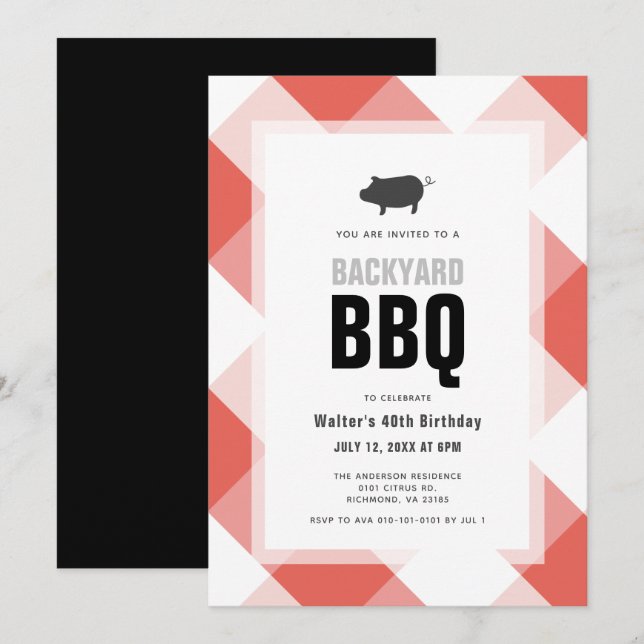 Invitación BBQ Pig Roast Red Gingham Adultos Cumpleaños (Anverso / Reverso)