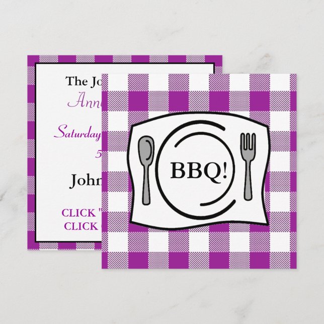 Invitación Bbq púrpura del mantel de la guinga (Anverso / Reverso)