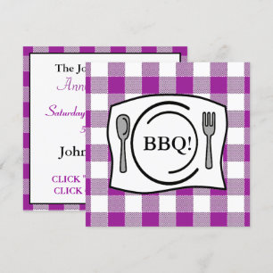 Invitación Bbq púrpura del mantel de la guinga