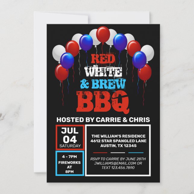 Invitación BBQ roja, blanca y de brea 4 de julio Fiesta (Anverso)