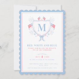 Invitación BBQ rojo, blanco y azul 4 de julio Monograma Escud