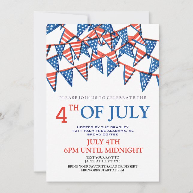 Invitación BBQ rojo blanco y azul fuego de 4 de julio Fiesta (Anverso)