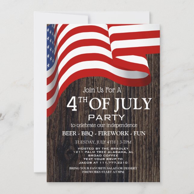 Invitación BBQ rojo blanco y azul fuego de 4 de julio Fiesta (Anverso)