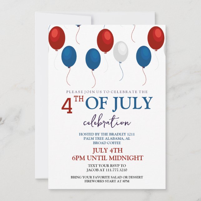 Invitación BBQ rojo blanco y azul fuego de 4 de julio Fiesta (Anverso)