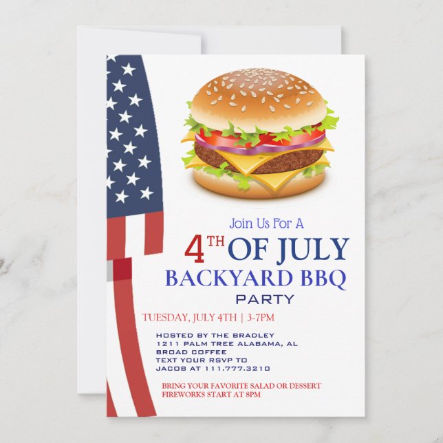 Invitación BBQ rojo blanco y azul fuego de 4 de julio Fiesta (Anverso)