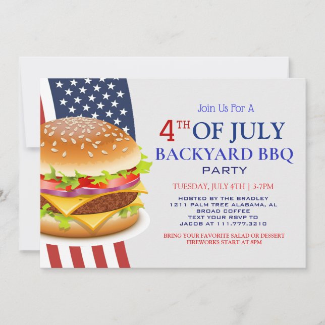 Invitación BBQ rojo blanco y azul fuego de 4 de julio Fiesta (Anverso)