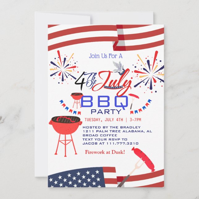 Invitación BBQ rojo blanco y azul fuego de 4 de julio Fiesta (Anverso)