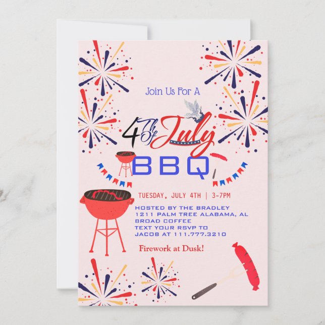 Invitación BBQ rojo blanco y azul fuego de 4 de julio Fiesta (Anverso)