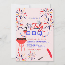 Invitación BBQ rojo blanco y azul fuego de 4 de julio Fiesta