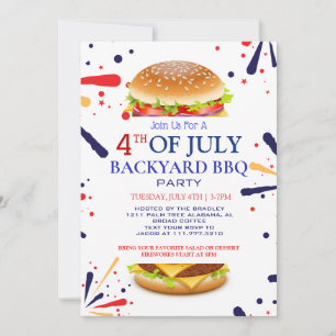 Invitación BBQ rojo blanco y azul fuego de 4 de julio Fiesta
