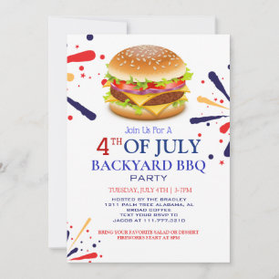 Invitación BBQ rojo blanco y azul fuego de 4 de julio Fiesta