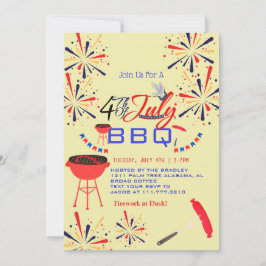 Invitación BBQ rojo blanco y azul fuego de 4 de julio Fiesta