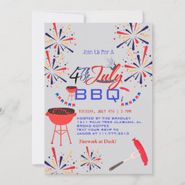 Invitación BBQ rojo blanco y azul fuego de 4 de julio Fiesta